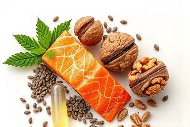 Omega-3 sources: fish, seeds, nuts, and supplements.