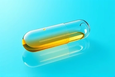 Clear capsule with golden liquid in calm water.