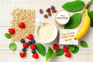 Plant-based protein shake ingredients flat lay, healthy nutrition.