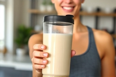Healthy person drinking plant-based protein shake, fitness and wellness.