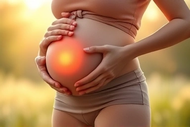 Pregnant woman with healthy gut flora symbol, serene health.
