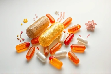Probiotic capsules and gut bacteria illustration, natural ingredients emphasized.