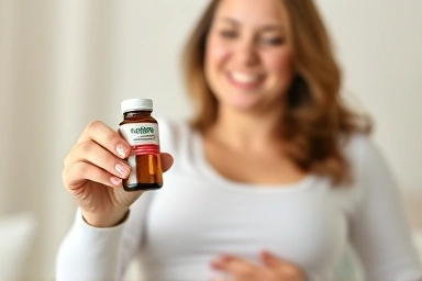 Pregnant woman happily taking liquid iron supplement for comfort.