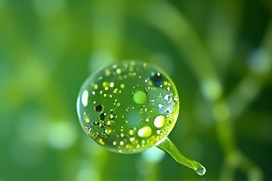 Pure microalgae in water droplet, symbolizing plant-based omega-3 source.