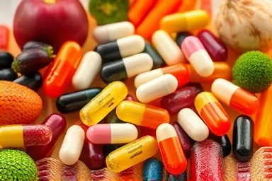 Diverse probiotic capsules with fresh fruits and vegetables for gut health.