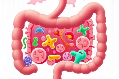 Illustration of a healthy gut microbiome with beneficial bacteria.