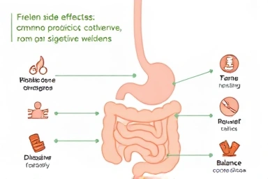 Digestive system infographic with probiotic side effect and relief icons.