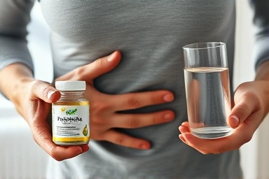 Person experiencing digestive discomfort with probiotics and water.