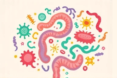 Healthy gut microbiome illustration with friendly bacteria.