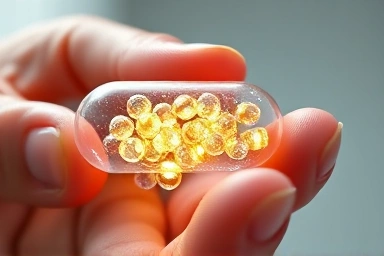 Close-up of probiotic capsule filled with glowing beads.