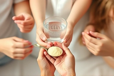 Hands consuming psyllium husk with water, gradual intake