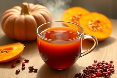 Steaming cup of pumpkin and red bean tea with ingredients.