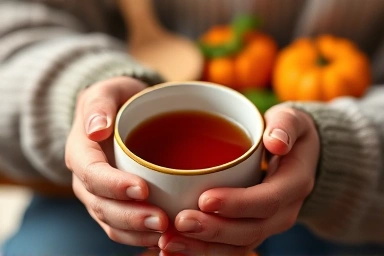 Hands holding a warm mug of healthy tea.