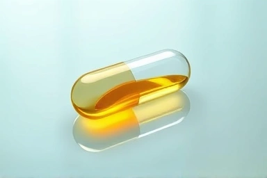 Transparent rTG omega3 softgel with golden liquid and radiant light waves.