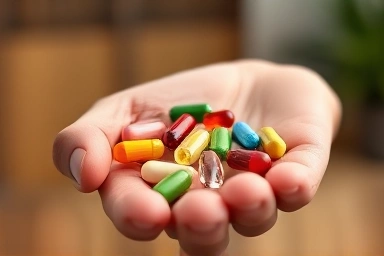 Vitamins and supplements in a hand, representing health choices.
