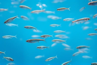 Pristine anchovies in clear blue water, symbolizing omega3 purity.