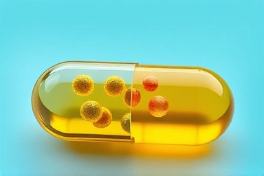 Transparent omega3 capsule absorbing into healthy cells, symbolizing absorption.