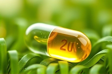 Golden vegan omega3 softgel on microalgae bed