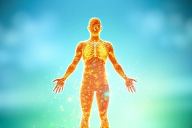 Energetic human silhouette made of glowing light particles.