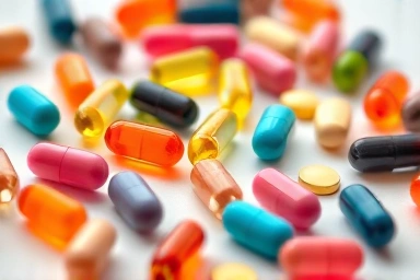 Artistic arrangement of colorful vitamin B supplements.