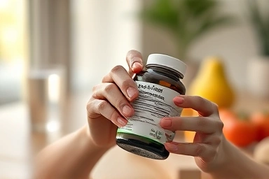 Person reading health supplement label with focus on natural ingredients