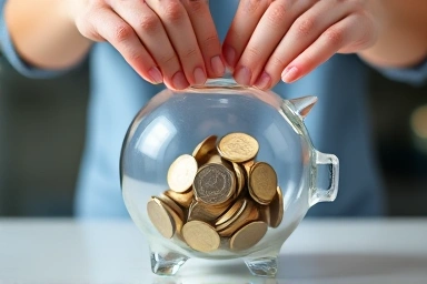Hands saving coins in a clear piggy bank with light.