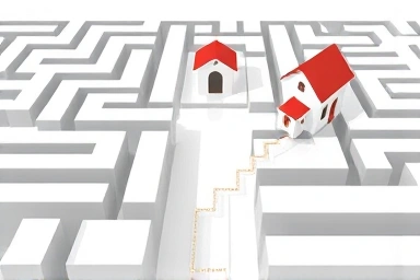 Financial maze with clear path to secured house, abstract.