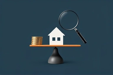 Scale balancing house and coins, magnifying glass, symbolic.