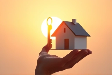 Key to home ownership with rising sun symbolizing hope