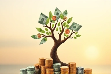 Financial growth tree with coins and banknotes
