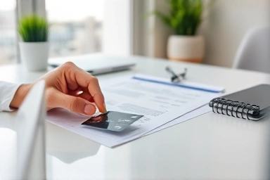 Hands organizing financial documents and credit card for strategic planning.