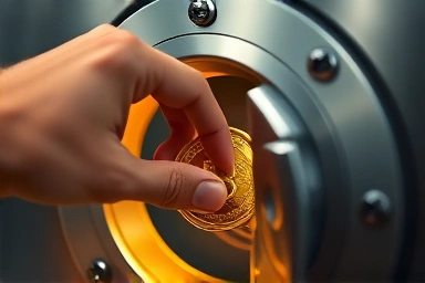 Hand placing coin in vault, secure investment, high value asset