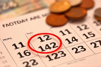 Calendar with circled date, coins, and banknotes.