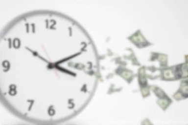 Money flowing away from a ticking clock, symbolizing financial loss.