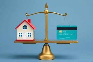 Financial scales balancing house and credit card with upward arrows.