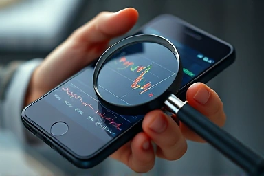 Hand with smartphone analyzing complex financial graph with magnifying glass.