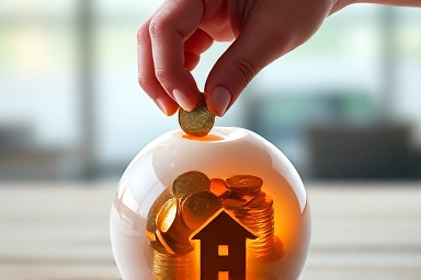 Hand depositing coins into a glowing piggy bank for wealth accumulation.