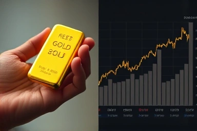 Gold bar in hand contrasted with a rising gold ETF chart