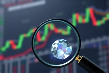 Magnifying glass revealing hidden gem on financial chart.