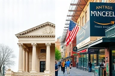 Contrast between stable bank and dynamic financial marketplace.