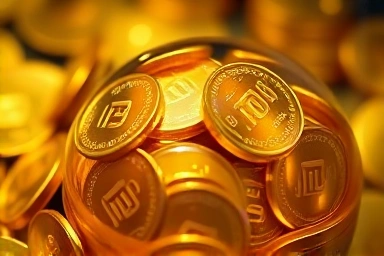 Piggy bank with coins morphing into digital data streams.