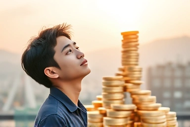 Young Korean person on a coin path towards Seoul cityscape, symbolizing financial growth.