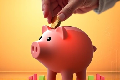 Hands depositing coin into glowing piggy bank, symbolizing savings and future wealth.