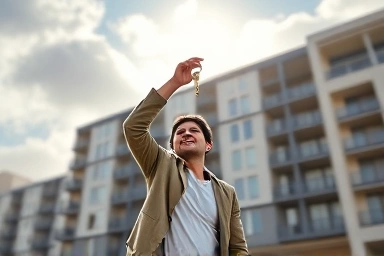 Happy person with key, apartment building, financial relief, smart decision