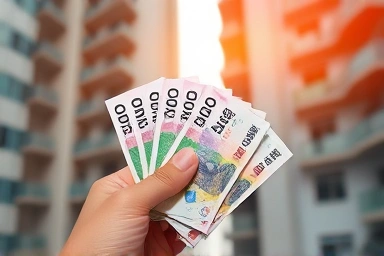 Korean Won currency and apartment building symbolizing housing deposit loan.