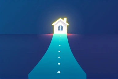Abstract financial roadmap leading to a house, symbolizing home ownership.