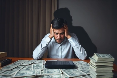 Financial stress, debt anxiety, confused person with bills