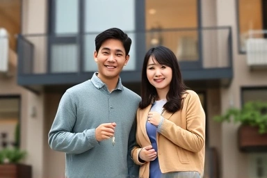 Happy couple holding keys, symbolizing homeownership.