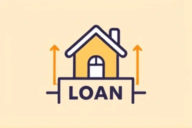 Financial loan graphic with house icon and growth symbols.