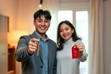 Happy couple holding keys to new home